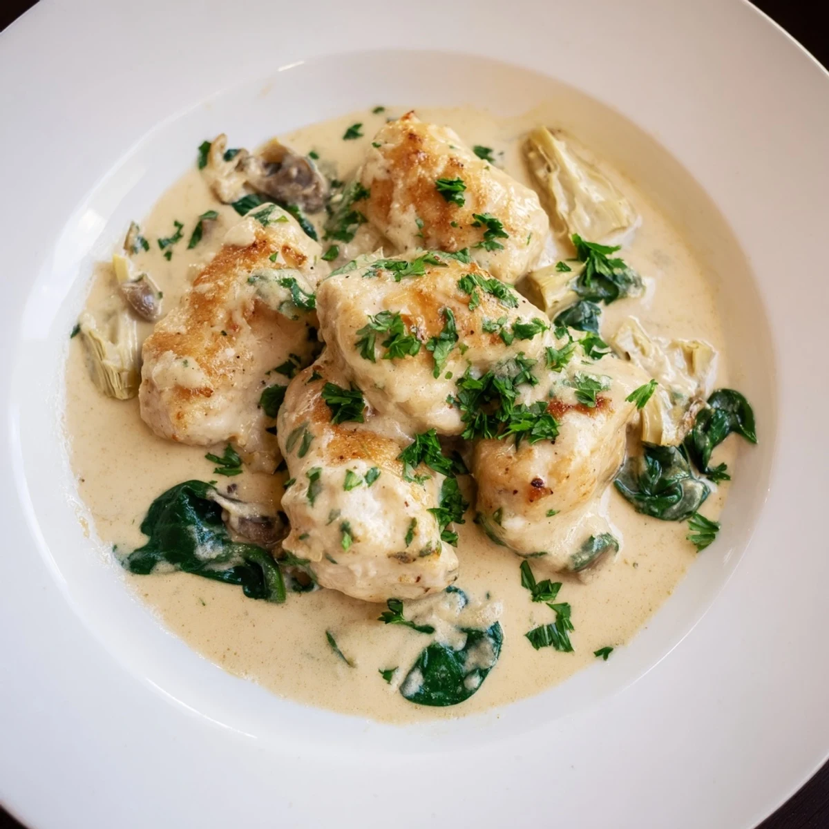 Creamy Spinach and Artichoke Chicken Skillet with tender chicken, creamy sauce, spinach, and artichokes.