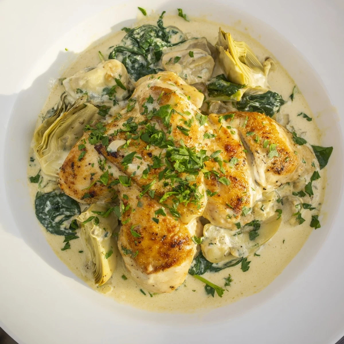 This Creamy Spinach and Artichoke Chicken Skillet displays a bubbling, golden-brown dish ready to serve.