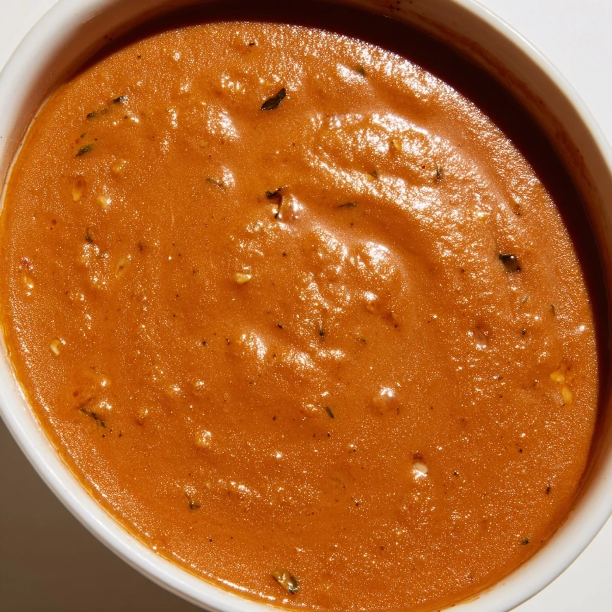 Creamy Roasted Garlic and Tomato Basil Soup, garnished with fresh basil, ready to be served.