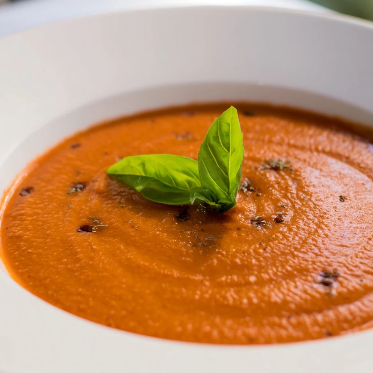 Hearty Roasted Garlic and Tomato Basil Soup, a rich blend of roasted vegetables, making a comforting meal.