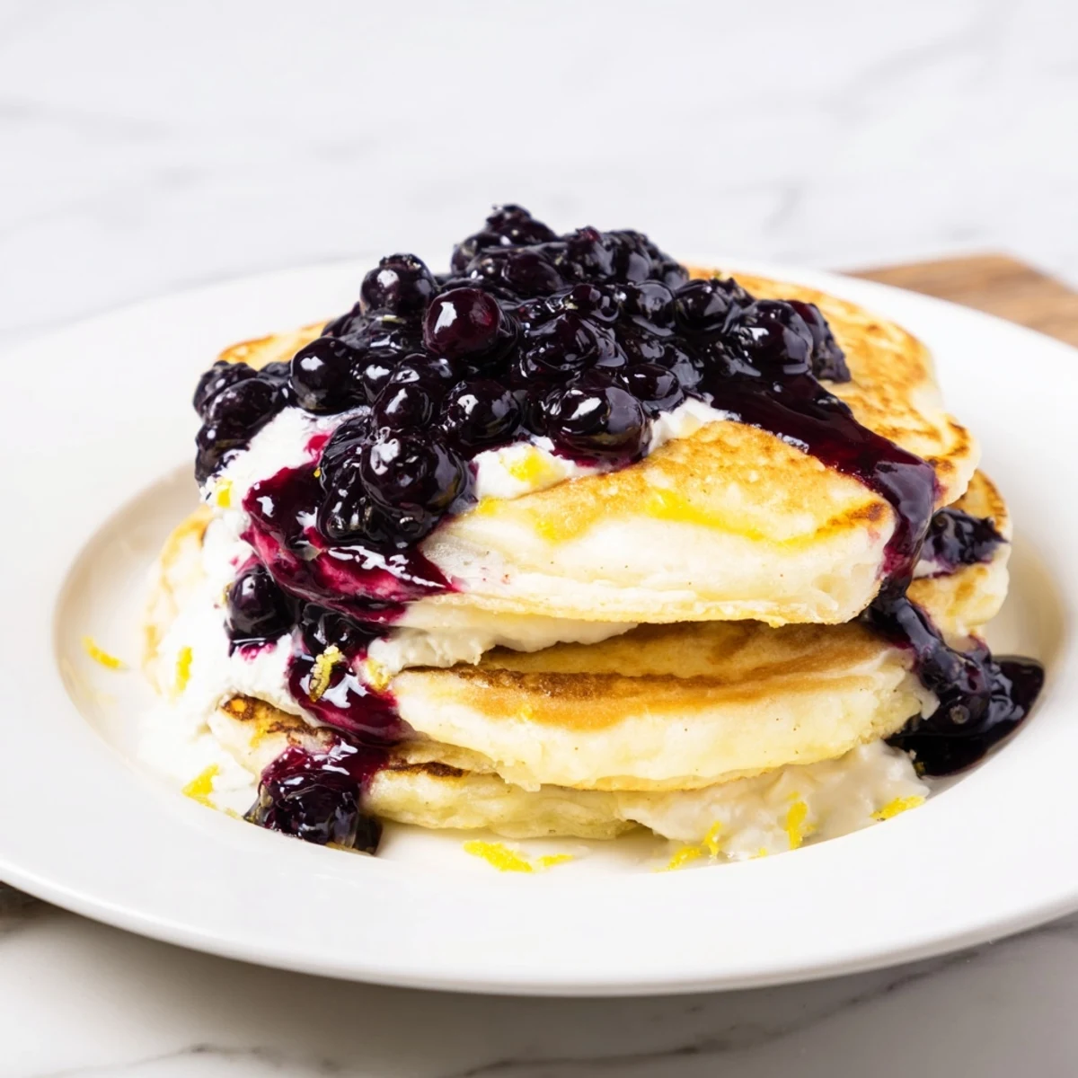 Golden-brown Lemon Ricotta Pancakes drizzled with vibrant blueberry syrup, ready for brunch.