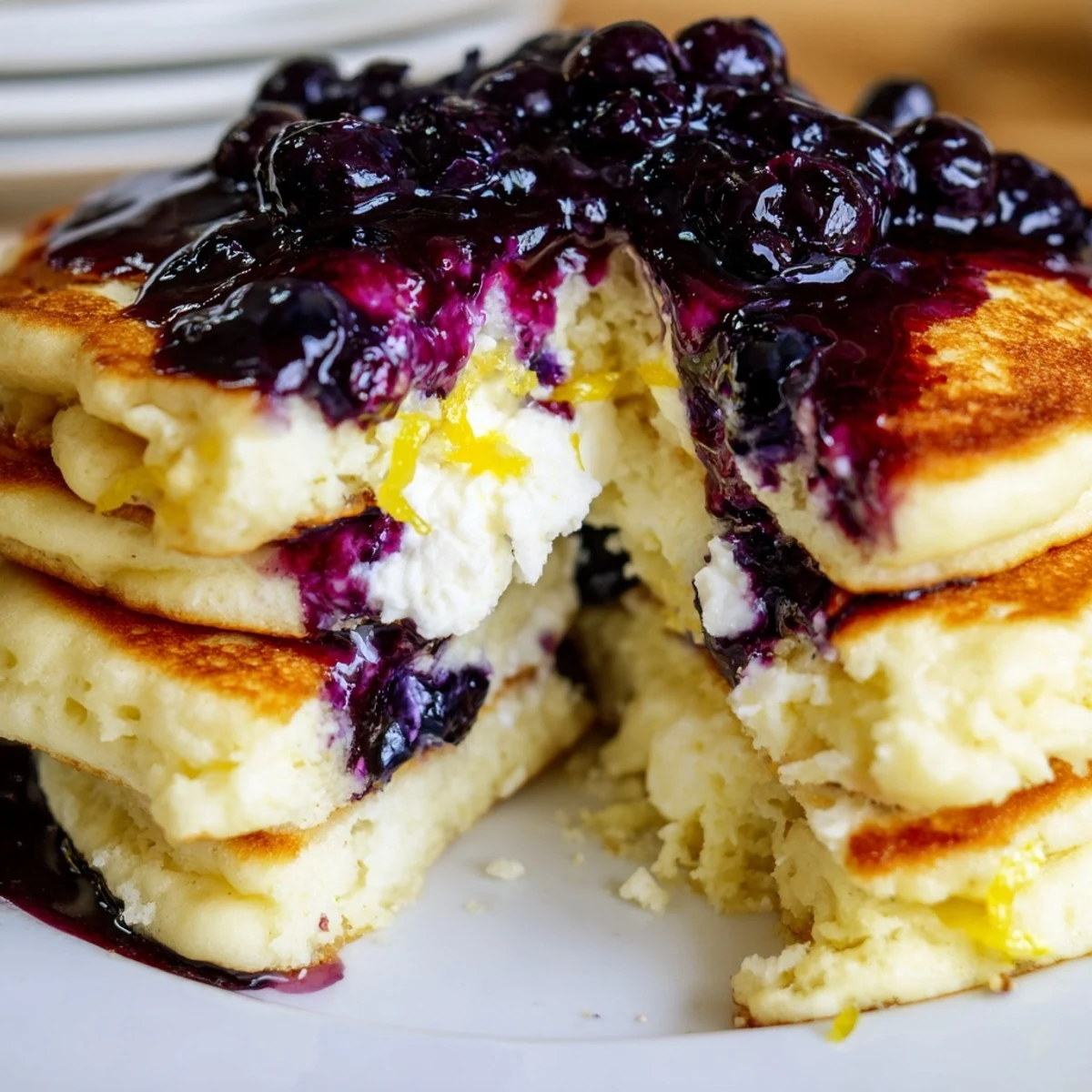A stack of fluffy Lemon Ricotta Pancakes, bursting with lemon zest, with a side of blueberry syrup.