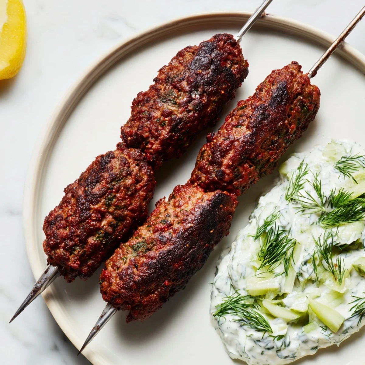 Grilled Beef Kofta Kebabs sizzling on the grill, ready to be paired with cool cucumber yogurt.