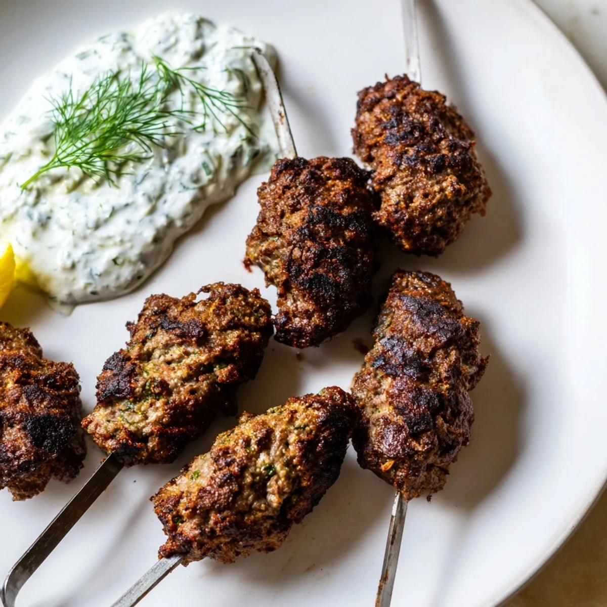 A close-up of beautifully spiced Beef Kofta Kebabs, vibrant with herbs, next to creamy yogurt sauce.