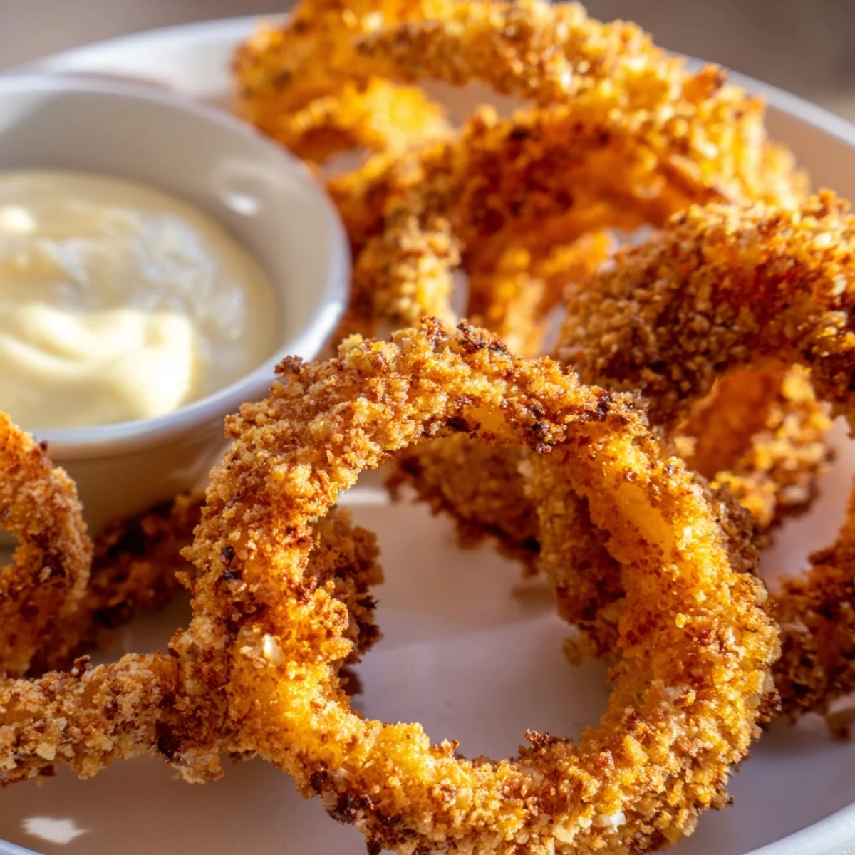 Golden and crispy air fryer onion rings with a creamy dip, a perfect American appetizer.