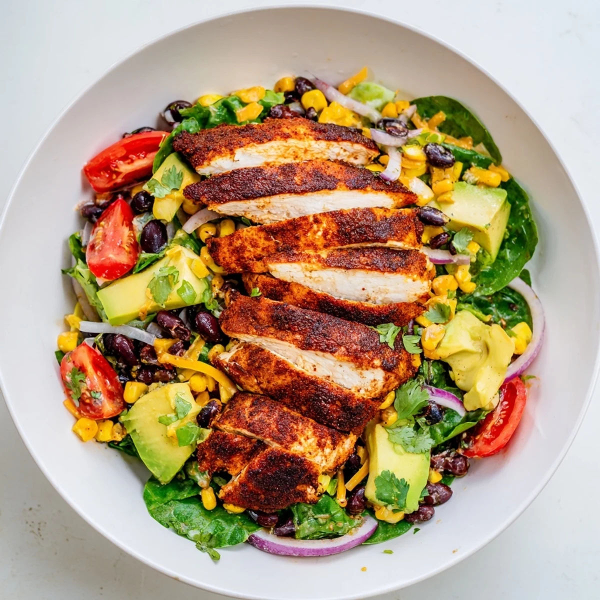 Juicy grilled chicken rests atop a colorful Southwest Chicken Salad with fresh lime dressing.