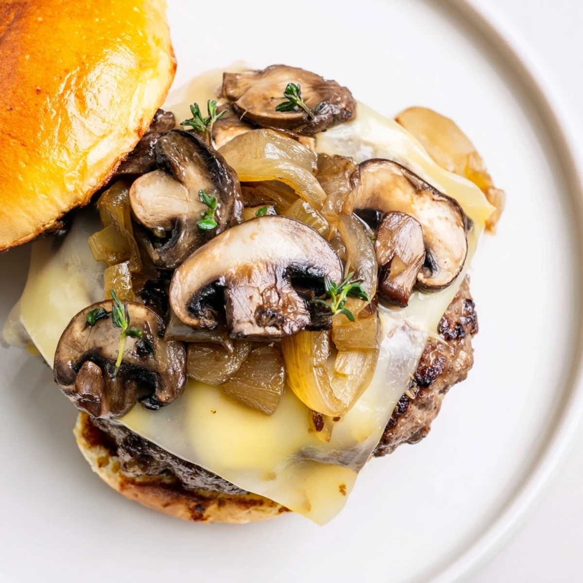 Melted Swiss cheese and caramelized onions top a juicy Mushroom and Swiss Burger on a toasted bun.