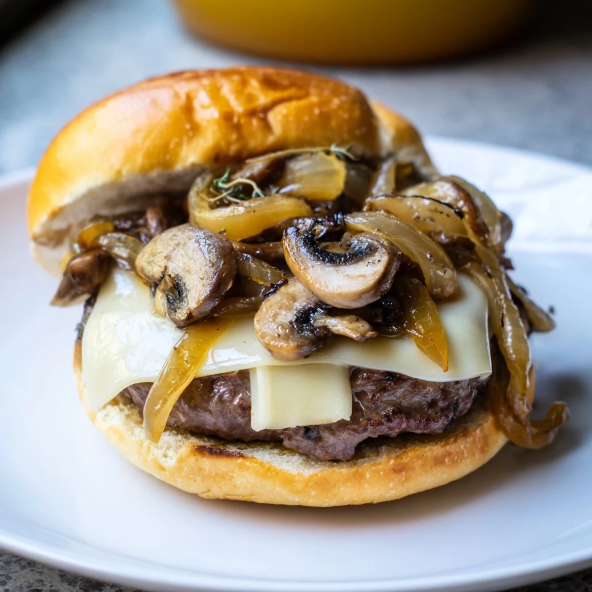 A close-up of a delicious Mushroom and Swiss Burger dripping with flavorful ingredients for your enjoyment.