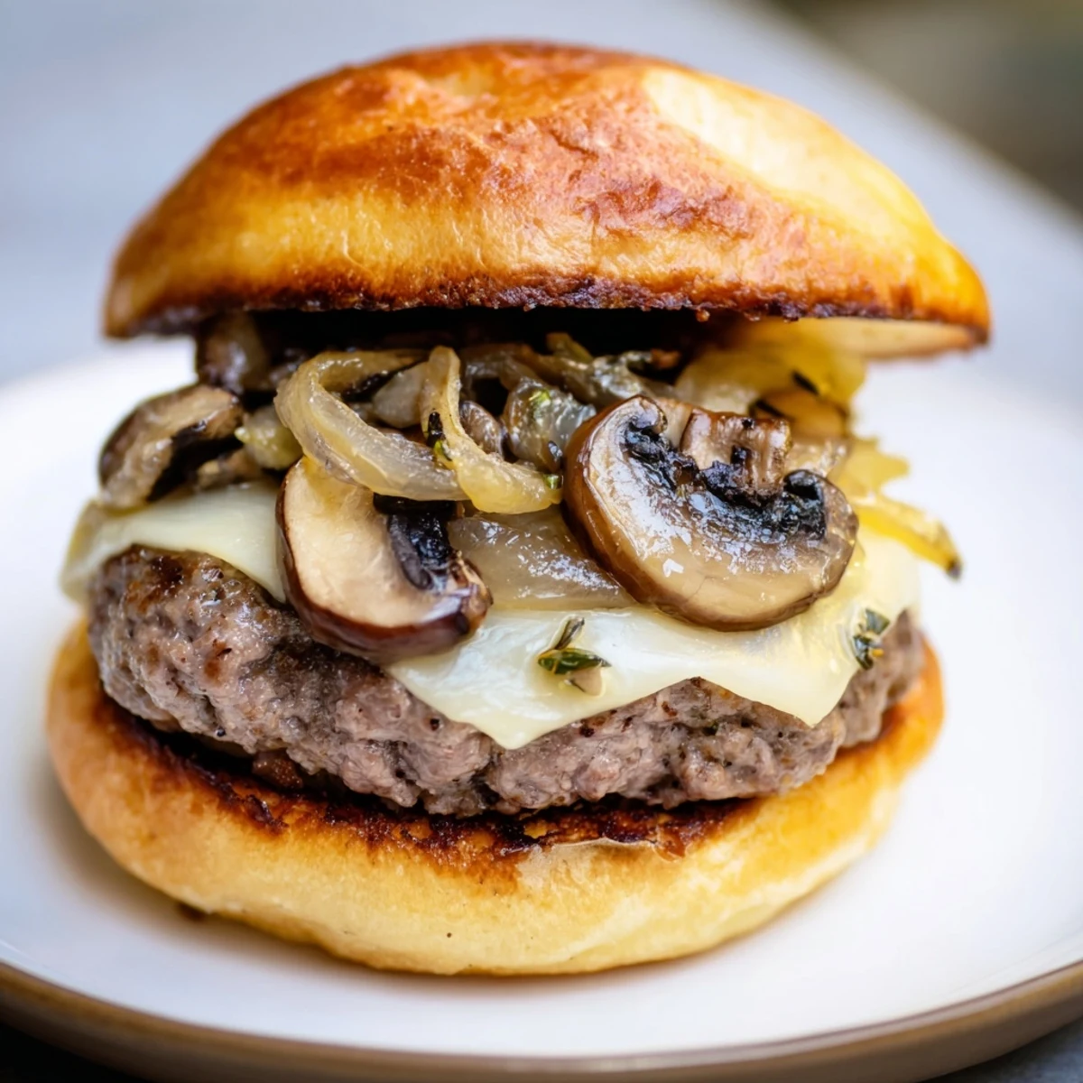 See a gourmet Mushroom and Swiss Burger, perfect with melty cheese, ready to be devoured with sides.