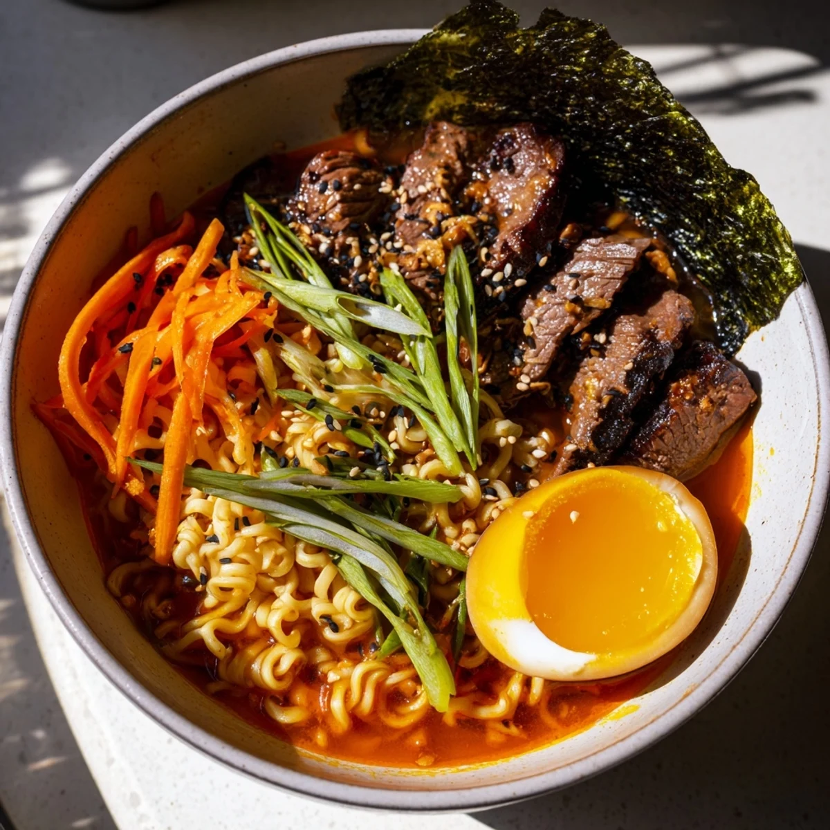 Overhead view of Spicy Beef Ramen with Soft Boiled Egg featuring julienned carrots.