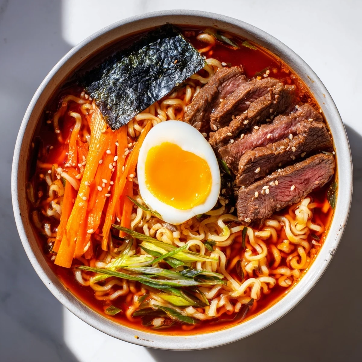 Close-up view of Spicy Beef Ramen with Soft Boiled Egg and vibrant bok choy garnish.