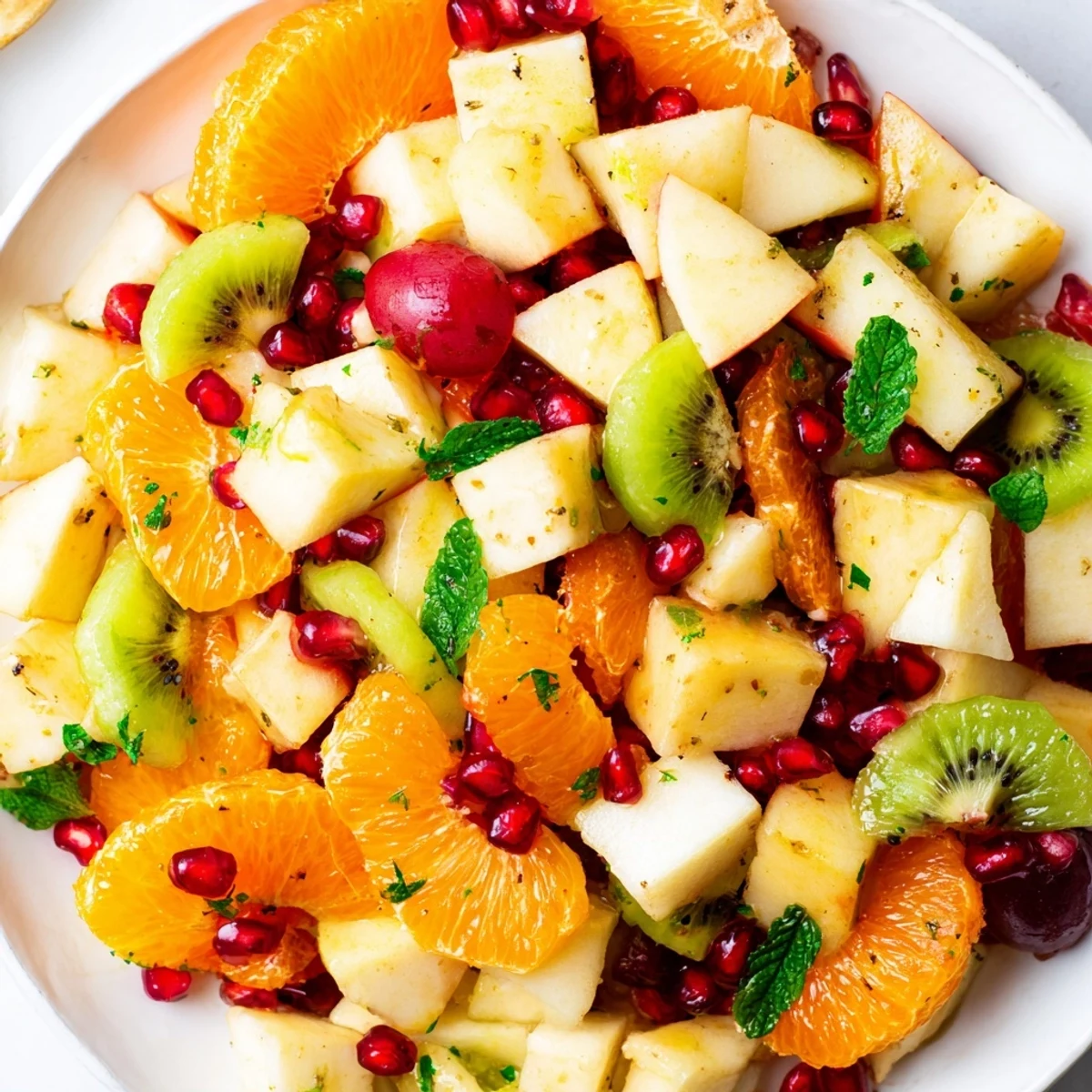 Winter Fruit Salad with Mint and Honey tossed in a glass bowl, featuring vibrant oranges, apples, and pomegranate arils.
