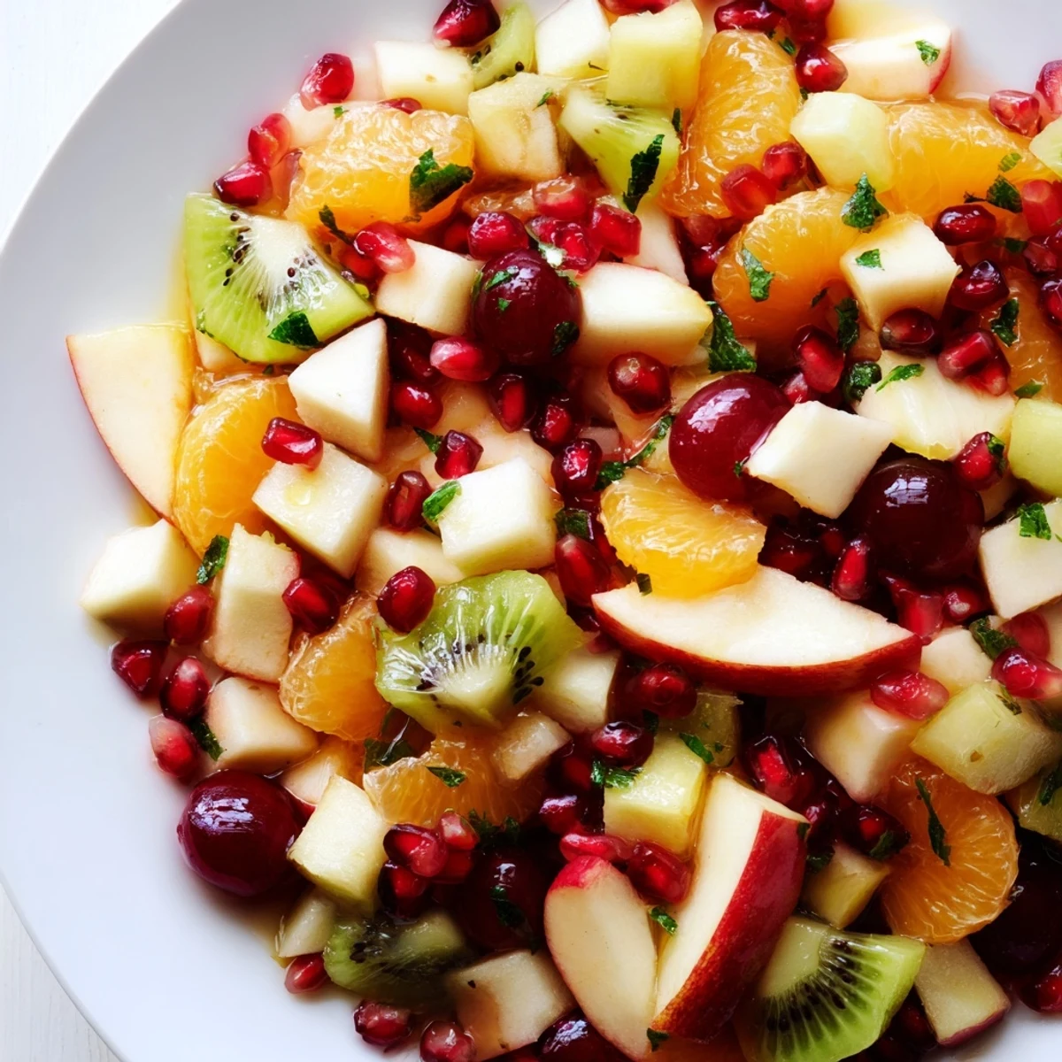 A refreshing close-up of Winter Fruit Salad with Mint and Honey, drizzled with honey and garnished with fresh mint.