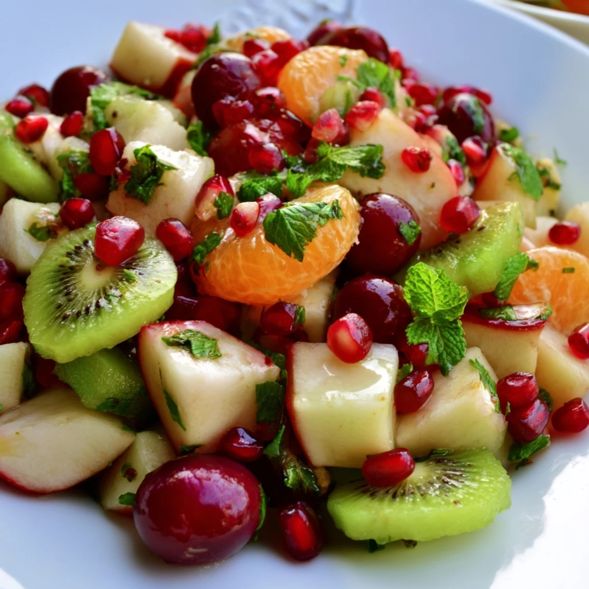 Served in individual bowls, the Winter Fruit Salad with Mint and Honey highlights juicy kiwis, crisp apples, and sweet grapes.