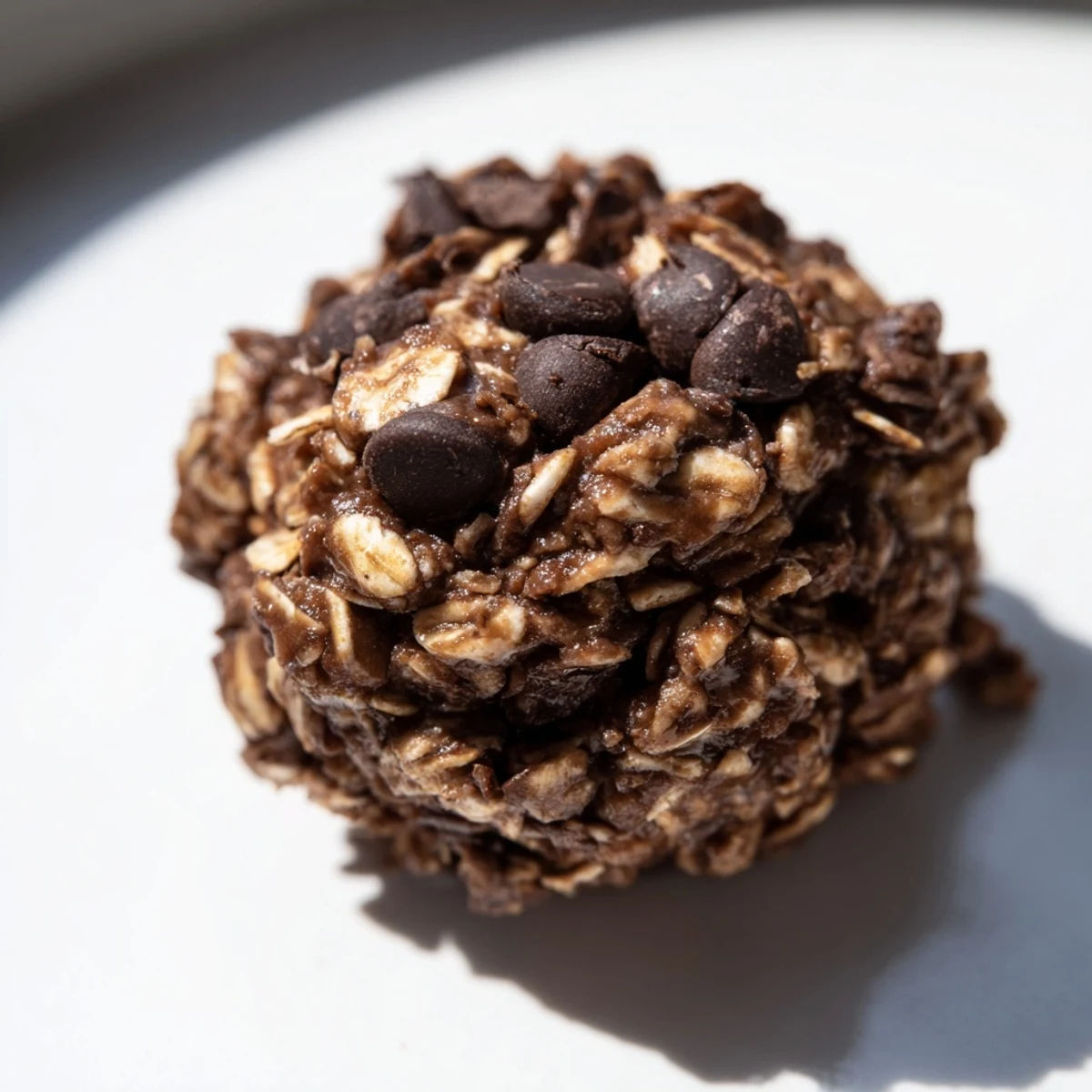 Four Chocolate Peanut Butter Energy Balls stacked on a small pedestal, with drizzled peanut butter and cocoa powder.