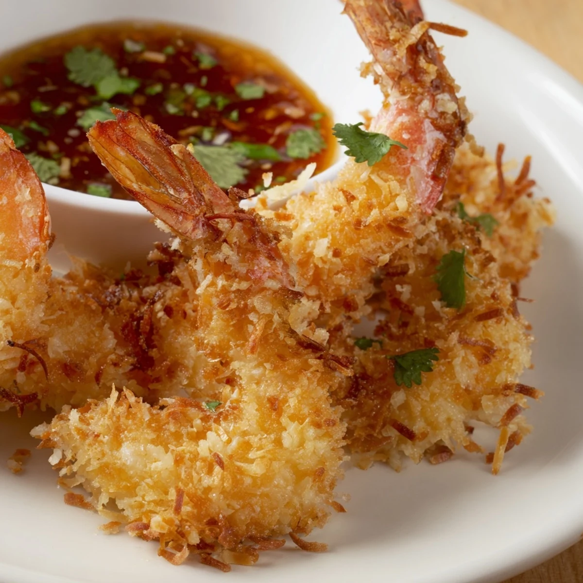 Golden-brown Crispy Coconut Shrimp piled high, served alongside a small bowl of sweet chili dip for dipping.