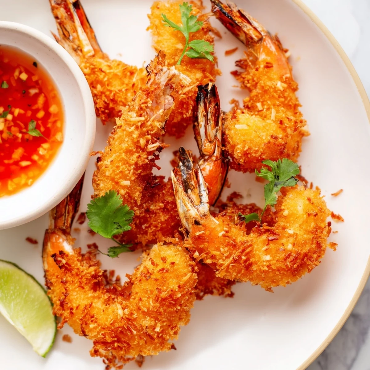 Tender shrimp coated in a crunchy coconut and panko crust, ready to be enjoyed with tangy lime dipping sauce.