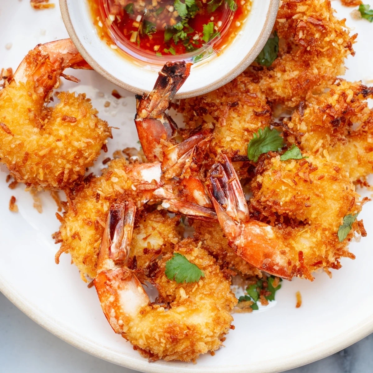 A close-up of a hand dipping a Crispy Coconut Shrimp into vibrant sweet chili sauce, perfect for an appetizer spread.
