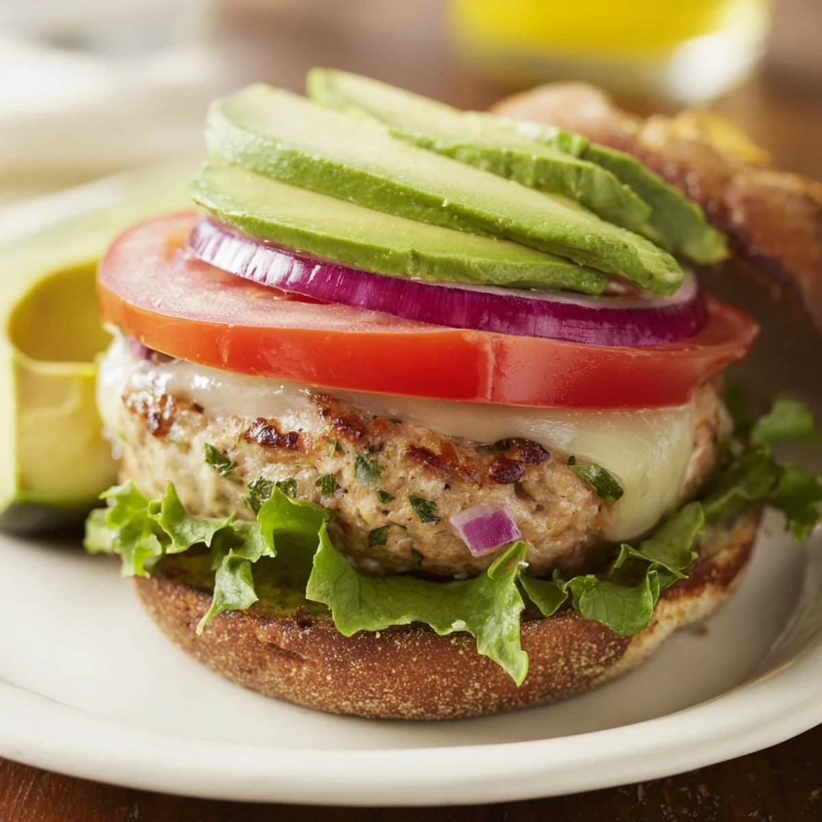 A juicy Turkey Burger with Swiss Cheese and creamy avocado on a toasted whole wheat bun, garnished with fresh lettuce and tomato.