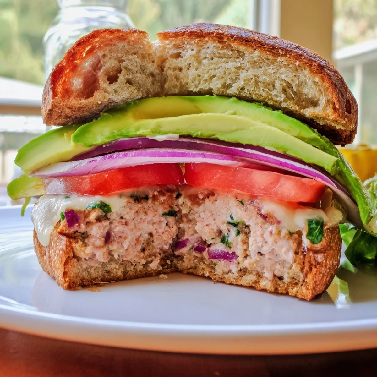 Stacked Turkey Burger with Avocado and Swiss Cheese oozing melted cheese, paired with golden sweet potato fries on a rustic plate.