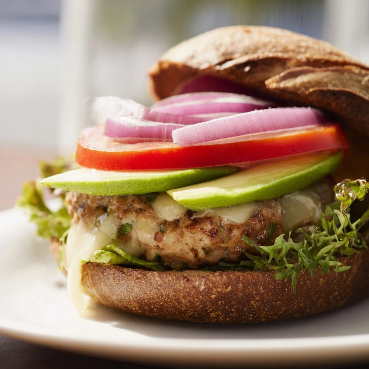 Grilled Turkey Burger with Avocado and Swiss Cheese on a bun, topped with ripe avocado slices and a side of garden salad.