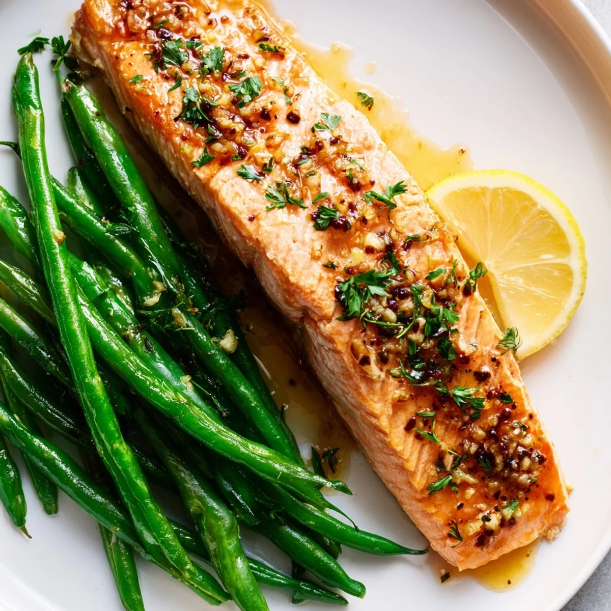 Close-up of tender Sheet Pan Salmon and Green Beans with Lemon, showcasing flaky fish and crisp roasted vegetables ready to serve.