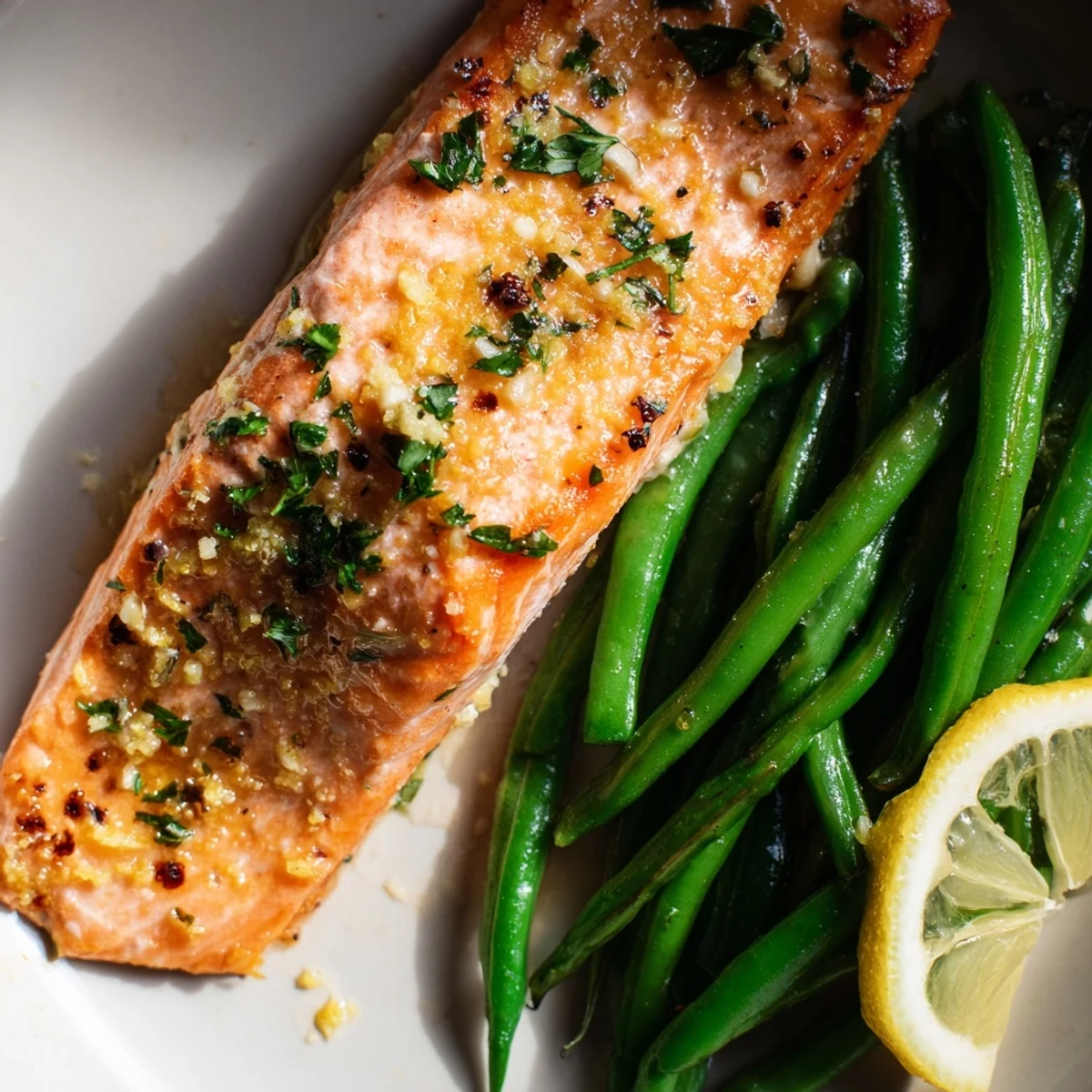 Savory Sheet Pan Salmon and Green Beans with Lemon served with lemon wedges and fresh parsley for a bright, healthy dinner.