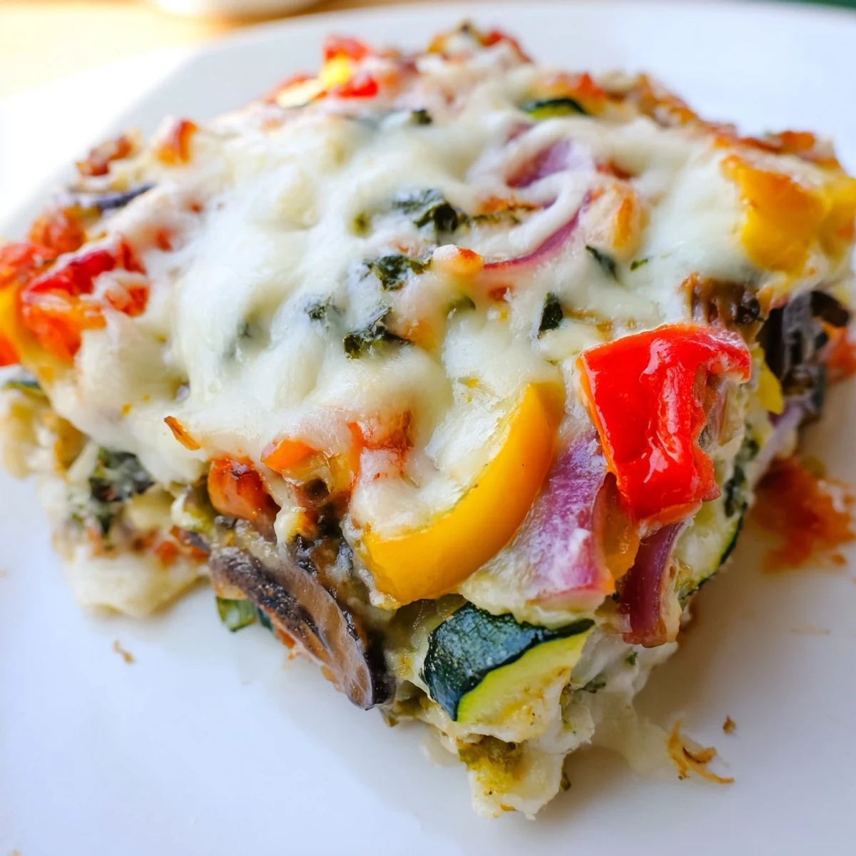 A plated slice reveals colorful roasted eggplant, zucchini, and bell peppers layered between tender noodles and creamy white Bechamel Sauce.