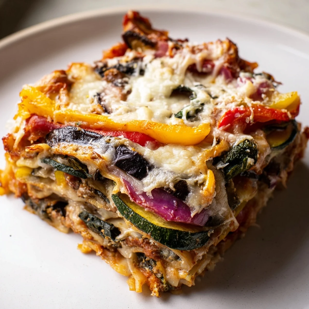 Golden-brown layers of Roasted Vegetable Lasagna with Bechamel Sauce sit in a white dish, topped with bubbly Parmesan and fresh basil leaves.