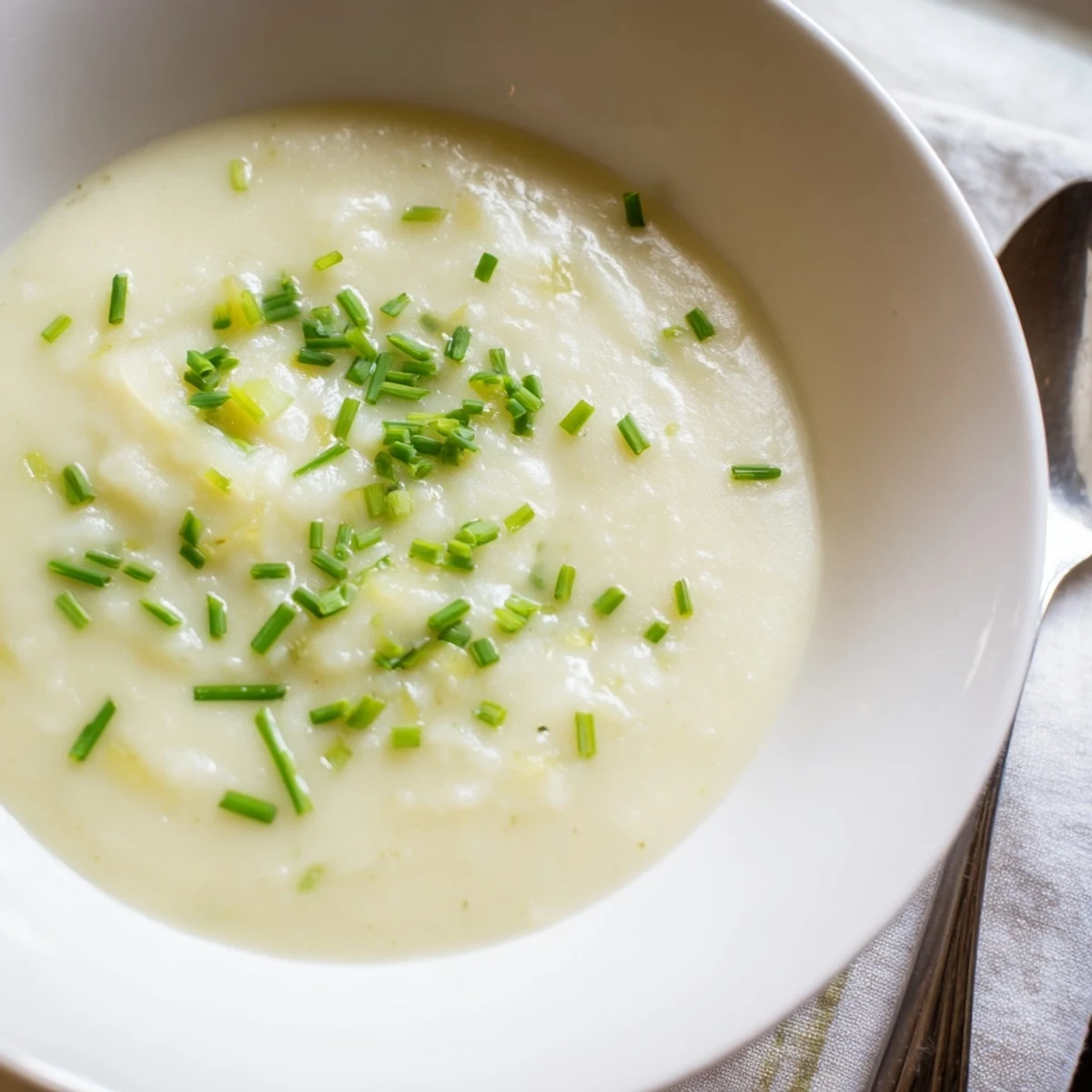 Steaming creamy potato leek soup with chives, perfect for a cozy dinner in the United States.