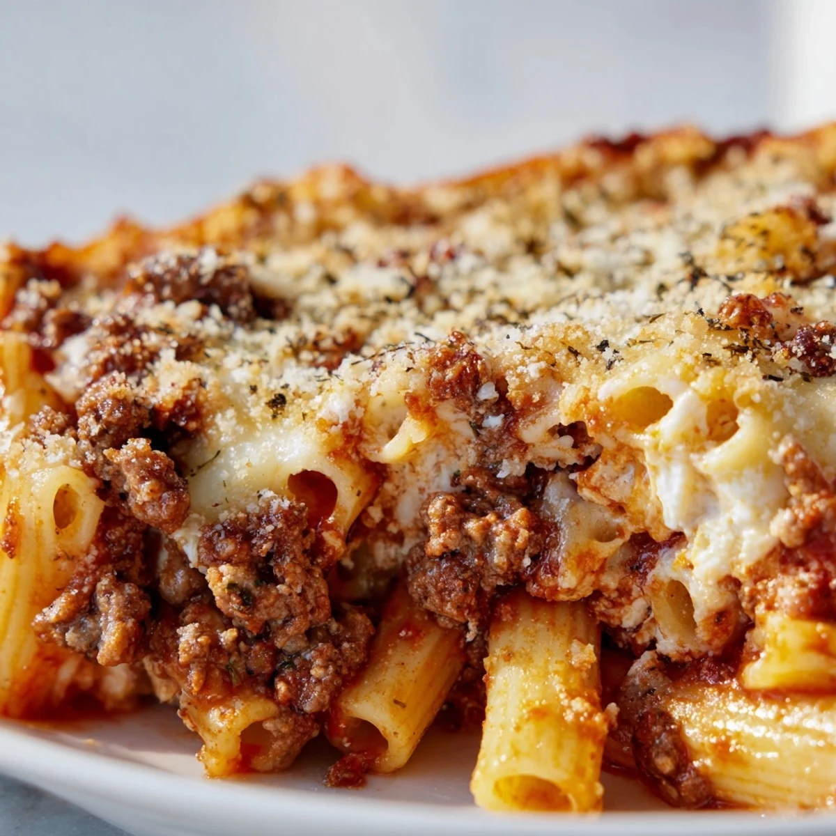 Golden, bubbly mozzarella and Parmesan top a hearty pan of Baked Ziti with Ground Beef and Marinara, fresh from the oven.
