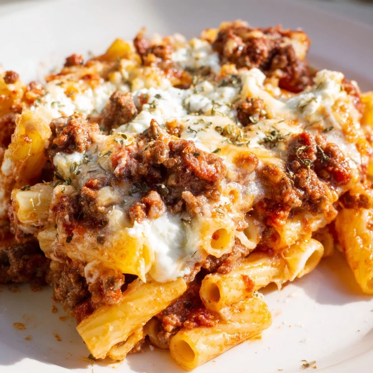 A serving dish of Baked Ziti with Ground Beef and Marinara highlights rich red sauce, pasta, and melted cheese.