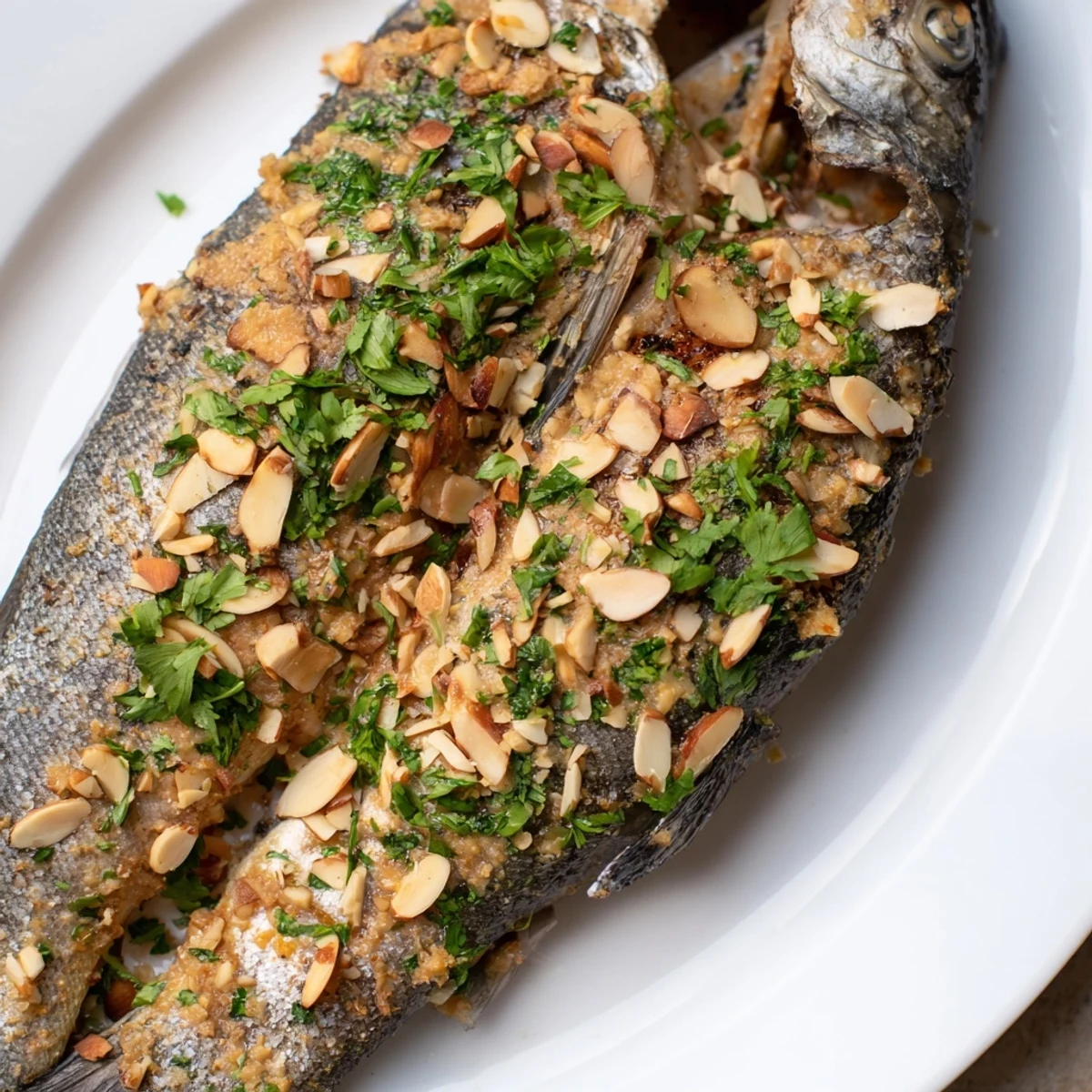 Golden-brown baked trout fillets resting on a baking tray, spooned with nutty almond butter sauce and fresh parsley.
