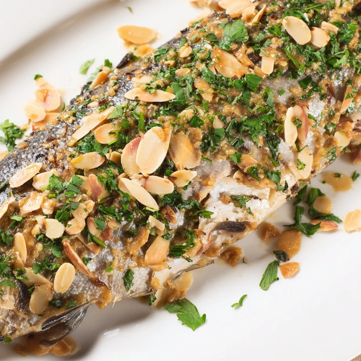 A close-up of tender trout with flaky flesh, drizzled with warm almond butter and bright lemon juice.