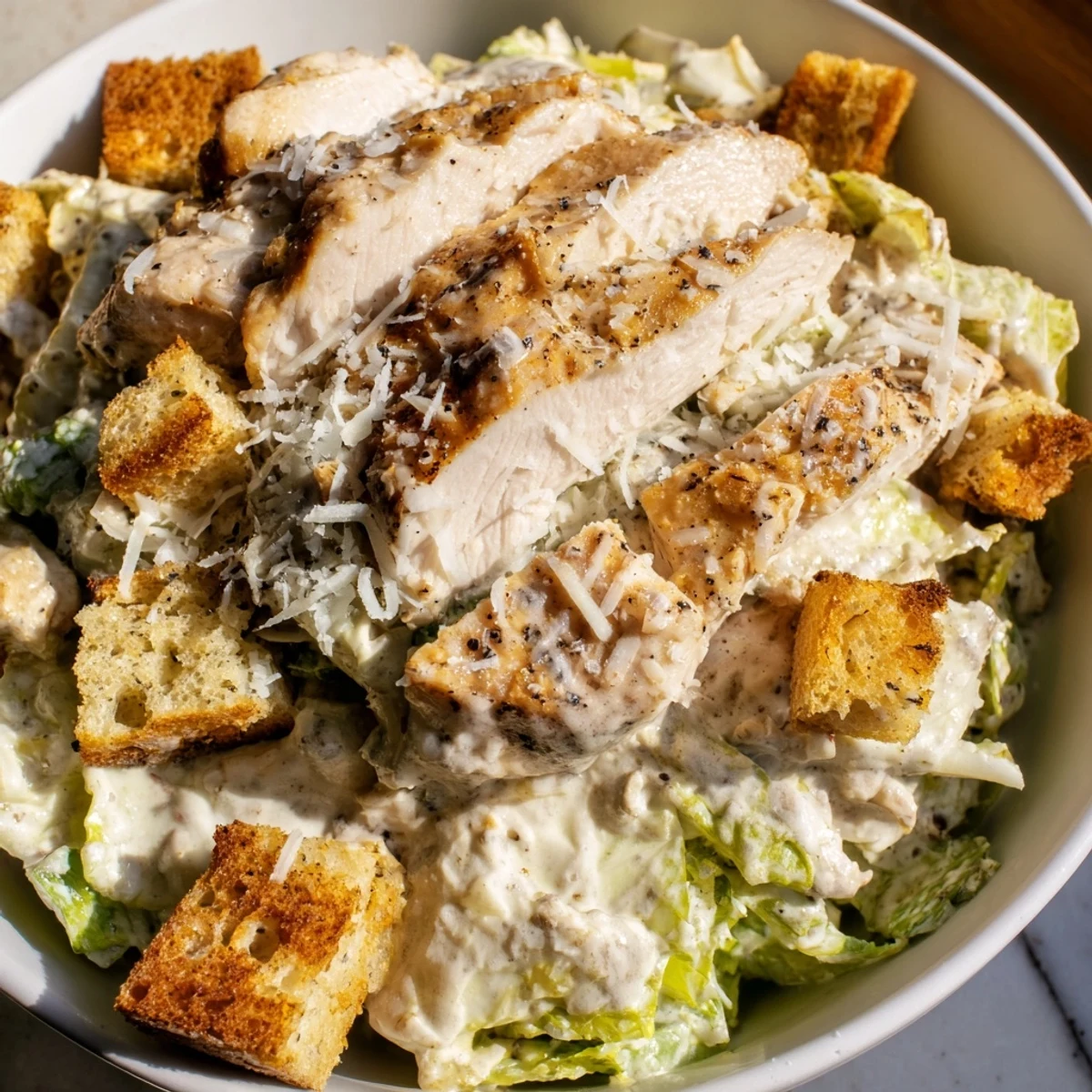 Crisp chopped romaine and juicy grilled chicken for a Classic Caesar Salad with Grilled Chicken.