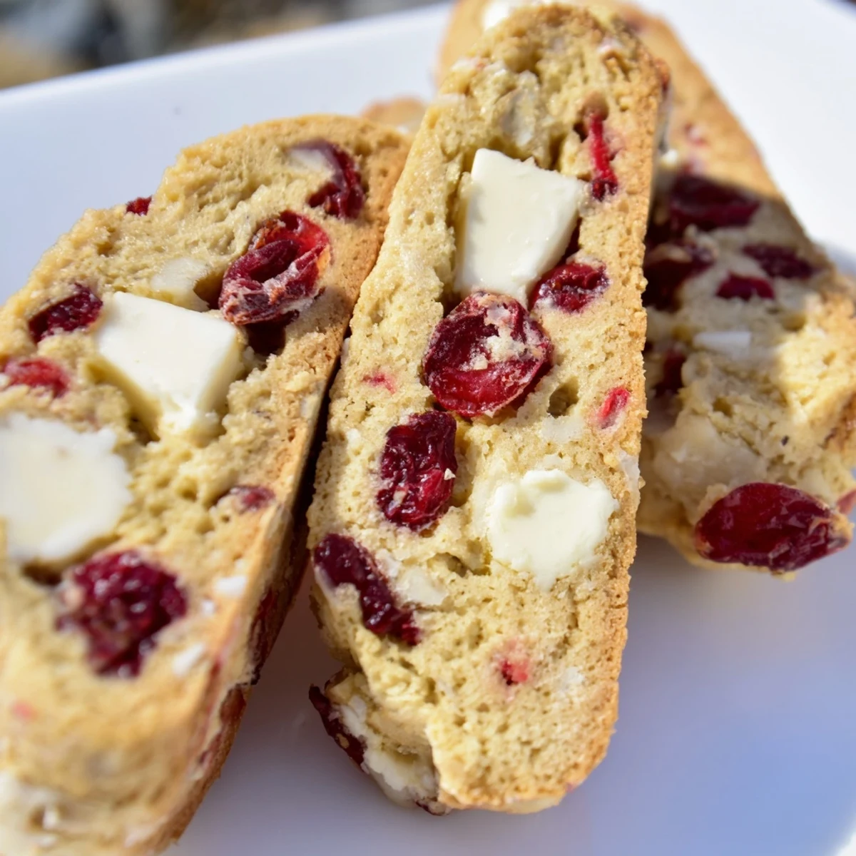 Freshly baked Cranberry and White Chocolate Biscotti on a wooden board, showcasing the crunchy texture and red cranberries.