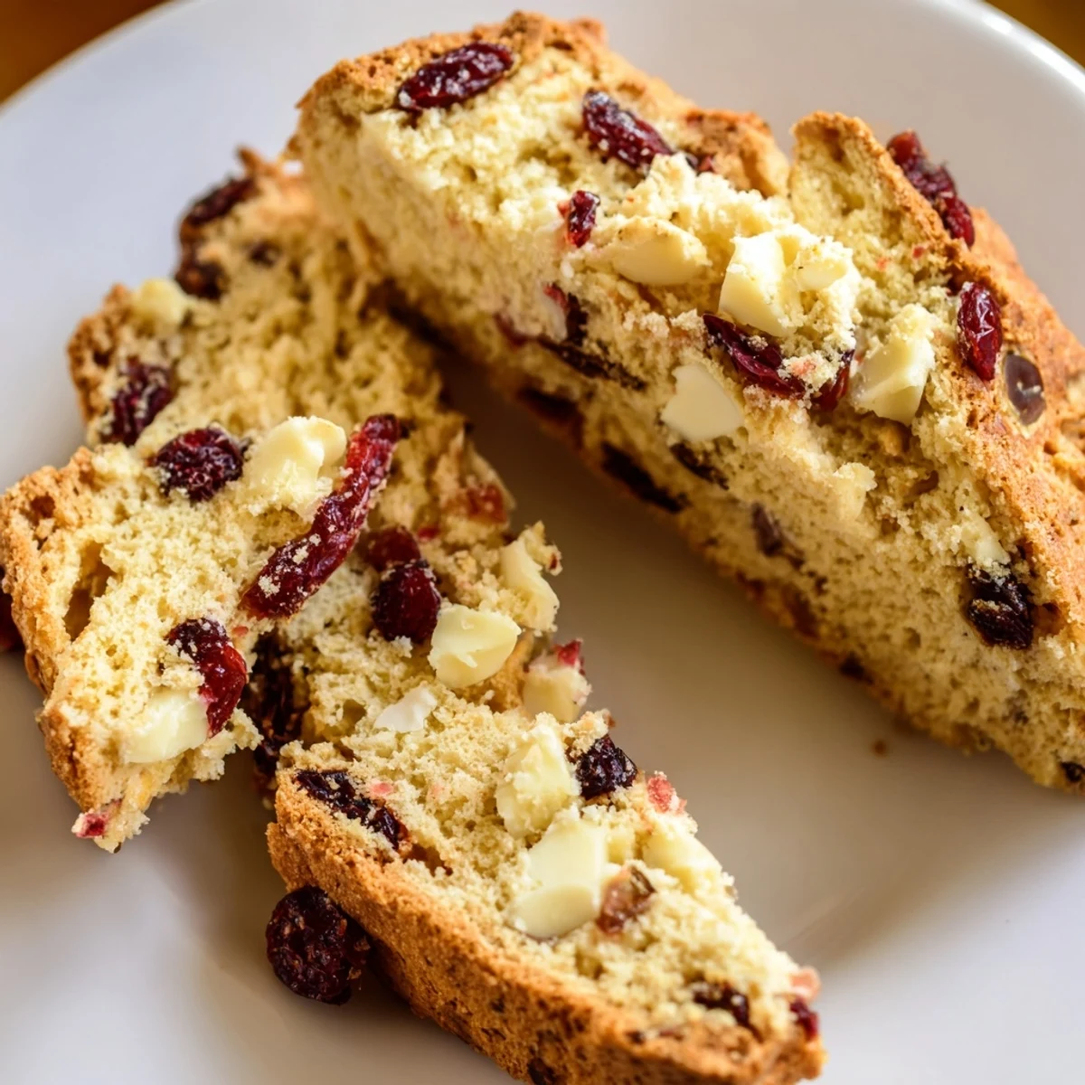 Two golden Cranberry and White Chocolate Biscotti dipped in white chocolate, arranged on a festive holiday plate.