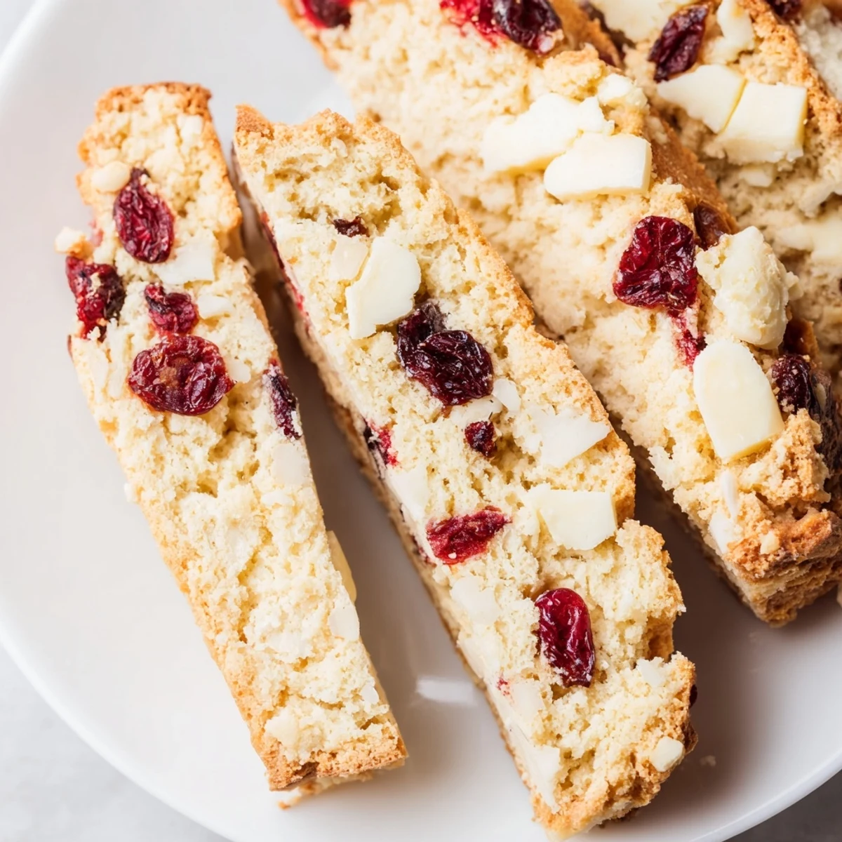 Stack of Cranberry and White Chocolate Biscotti with a steaming mug of coffee, perfect for a cozy breakfast treat.