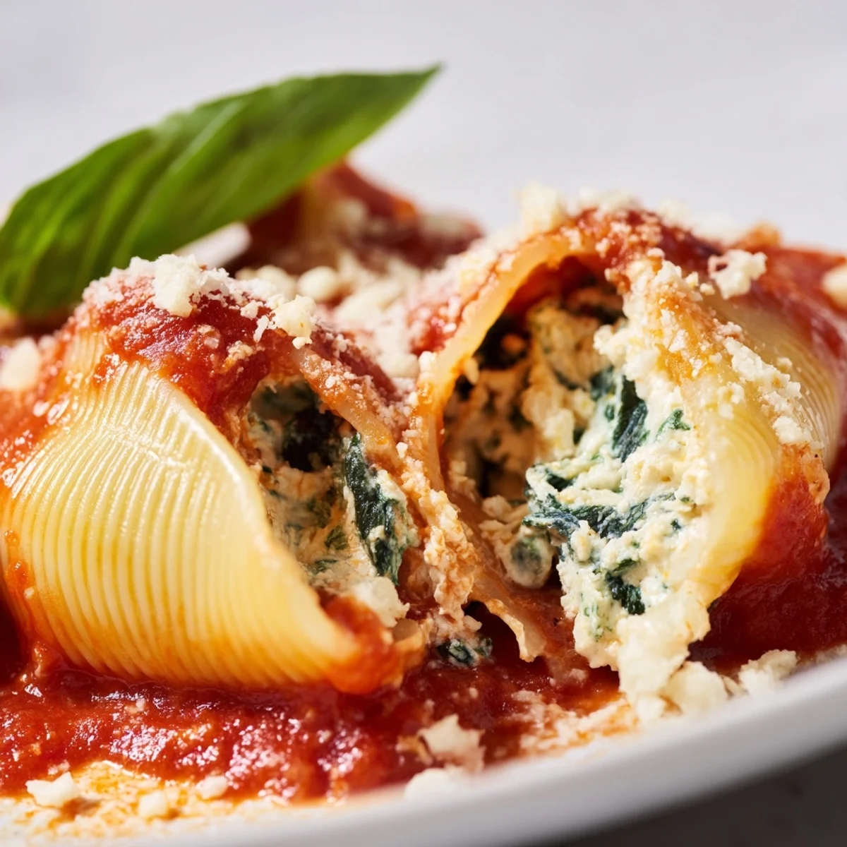Creamy ricotta and spinach filling spilling out of jumbo pasta shells topped with fresh basil.
