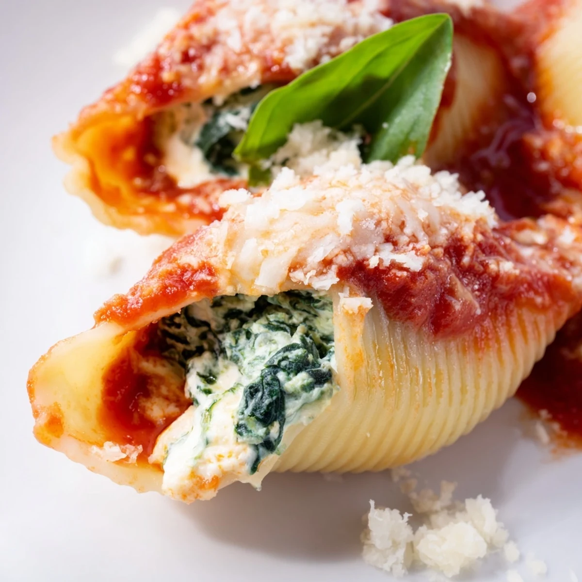 Hearty Italian Spinach and Ricotta Stuffed Conchiglie served hot in a white ceramic baking dish.