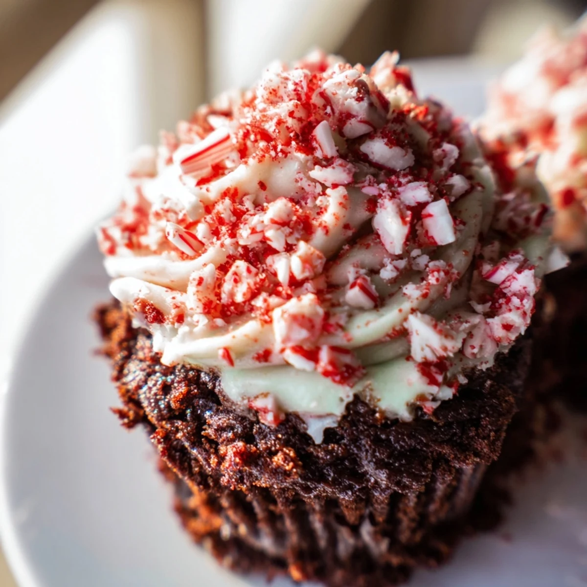 Freshly baked Chocolate Peppermint Swirl Cupcakes topped with fluffy frosting and crushed candy canes sit on a cooling rack.
