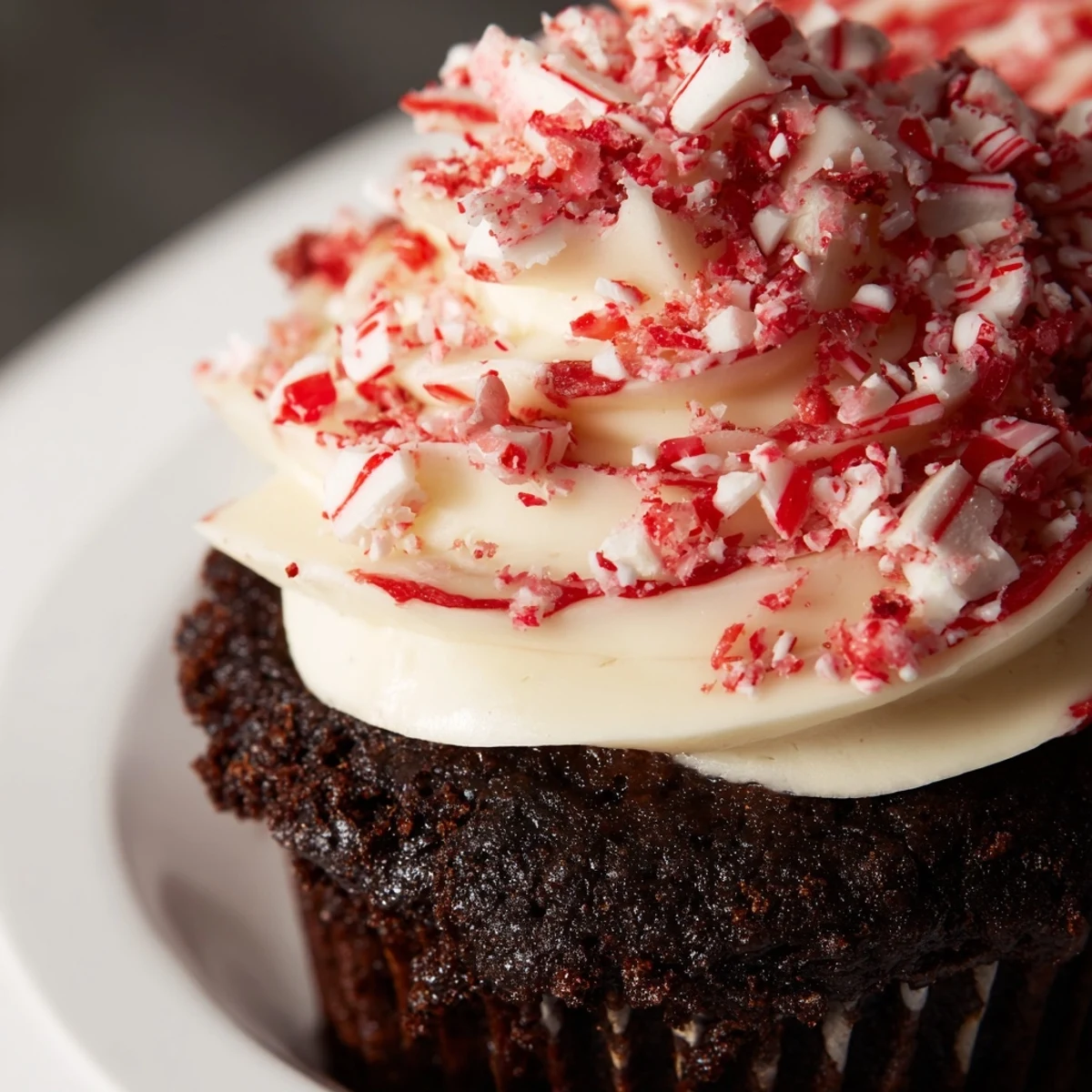 A close-up shows Chocolate Peppermint Swirl Cupcakes with red-swirled frosting and chocolate drizzle on a festive holiday table.