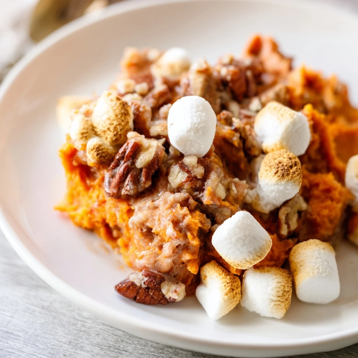 Golden toasted mini marshmallows melt over creamy sweet potato casserole in a baking dish.