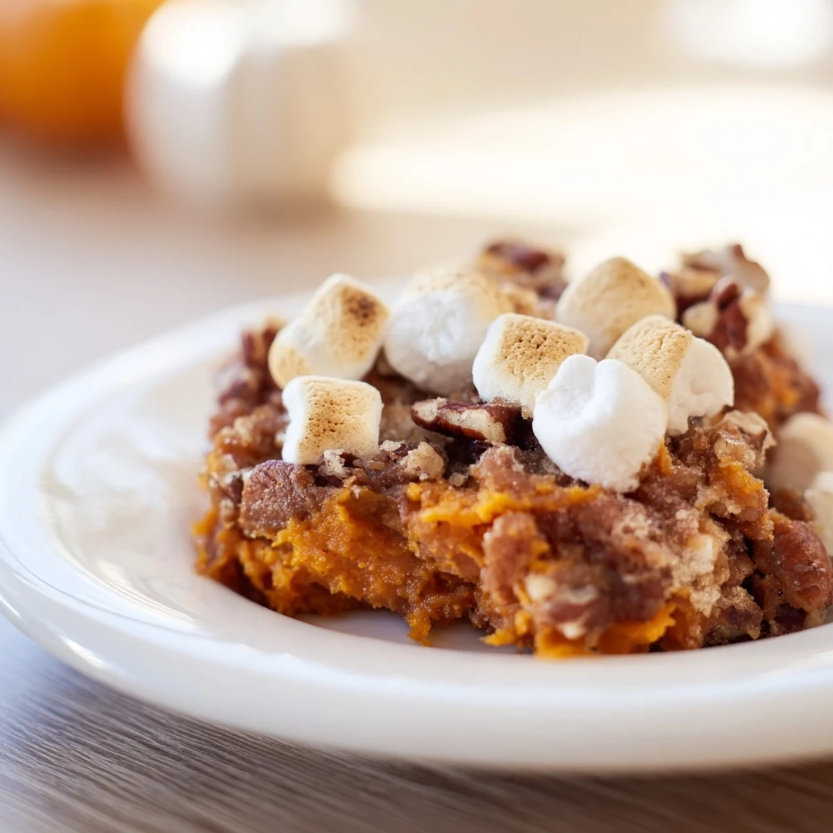 A serving of sweet potato casserole with pecans is scooped onto a white plate.