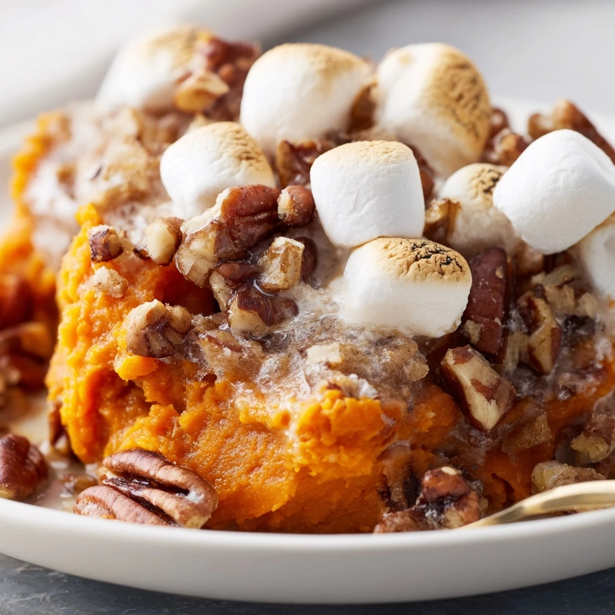 Rich brown sugar and cinnamon sweet potato casserole topped with toasted marshmallows beside a festive dinner.