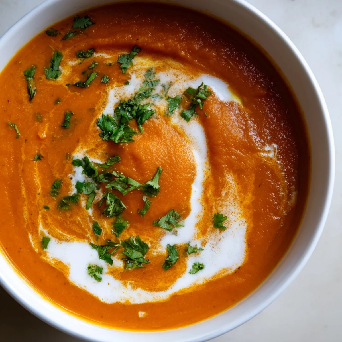 Velvety roasted red pepper and sweet potato soup garnished with fresh parsley and a swirl of coconut cream in a rustic bowl.