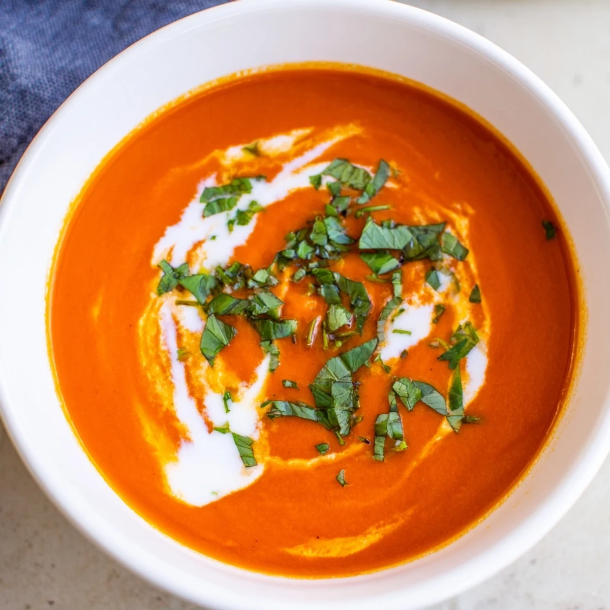 Roasted red pepper and sweet potato soup steaming in a white bowl, ready to serve with crusty artisan bread for dipping.