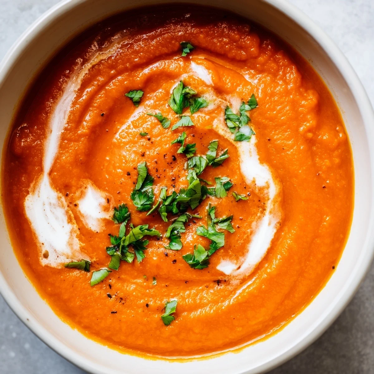 A close-up of vibrant roasted red pepper and sweet potato soup, highlighting its smooth texture and colorful, nutrient-rich ingredients.