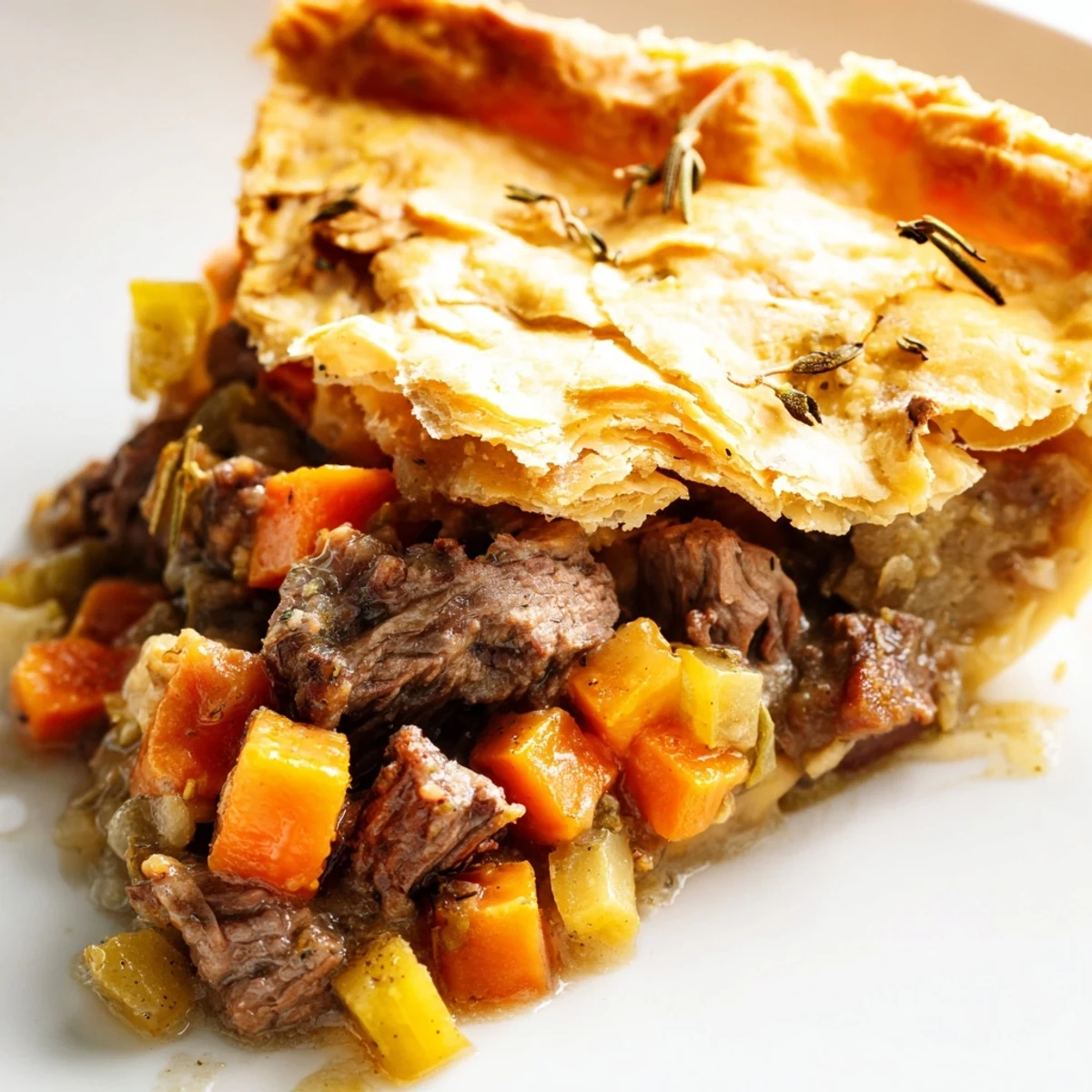 A steaming slice of Savory Beef and Ale-Free Pie served alongside creamy mashed potatoes and greens.