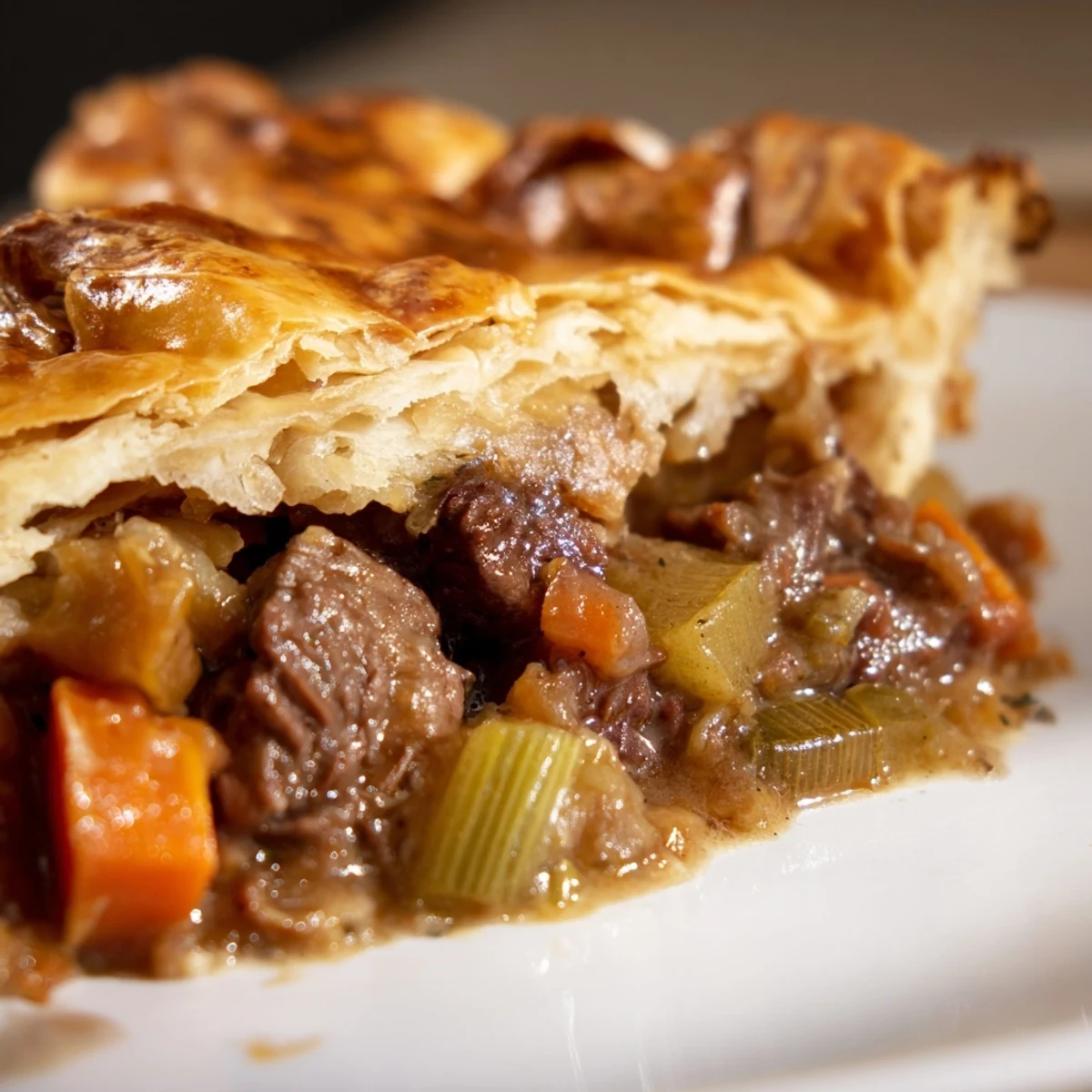 Golden, flaky pastry tops the Savory Beef and Ale-Free Pie, revealing rich gravy and tender beef chunks.